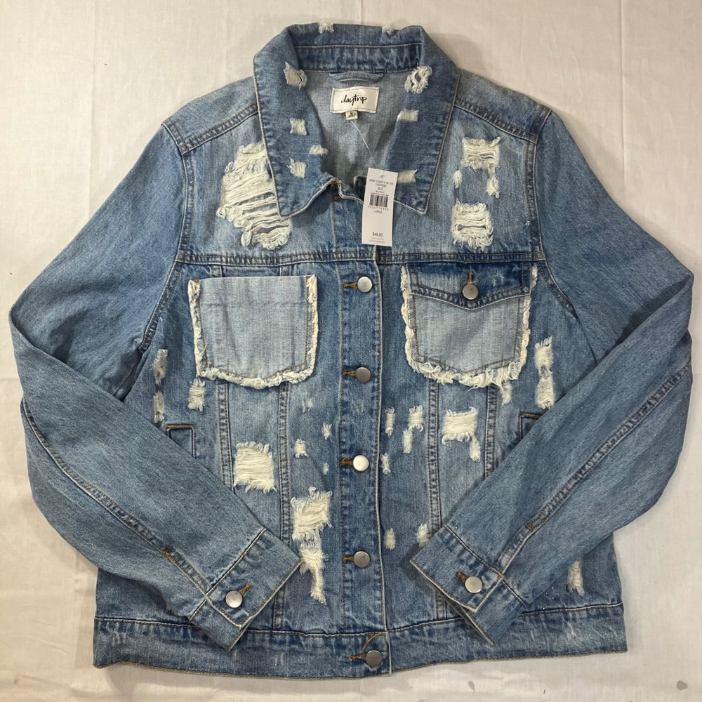 Daytrip Buckle Womens Distressed Denim Jacket Blue Button F Large NWT 1423703